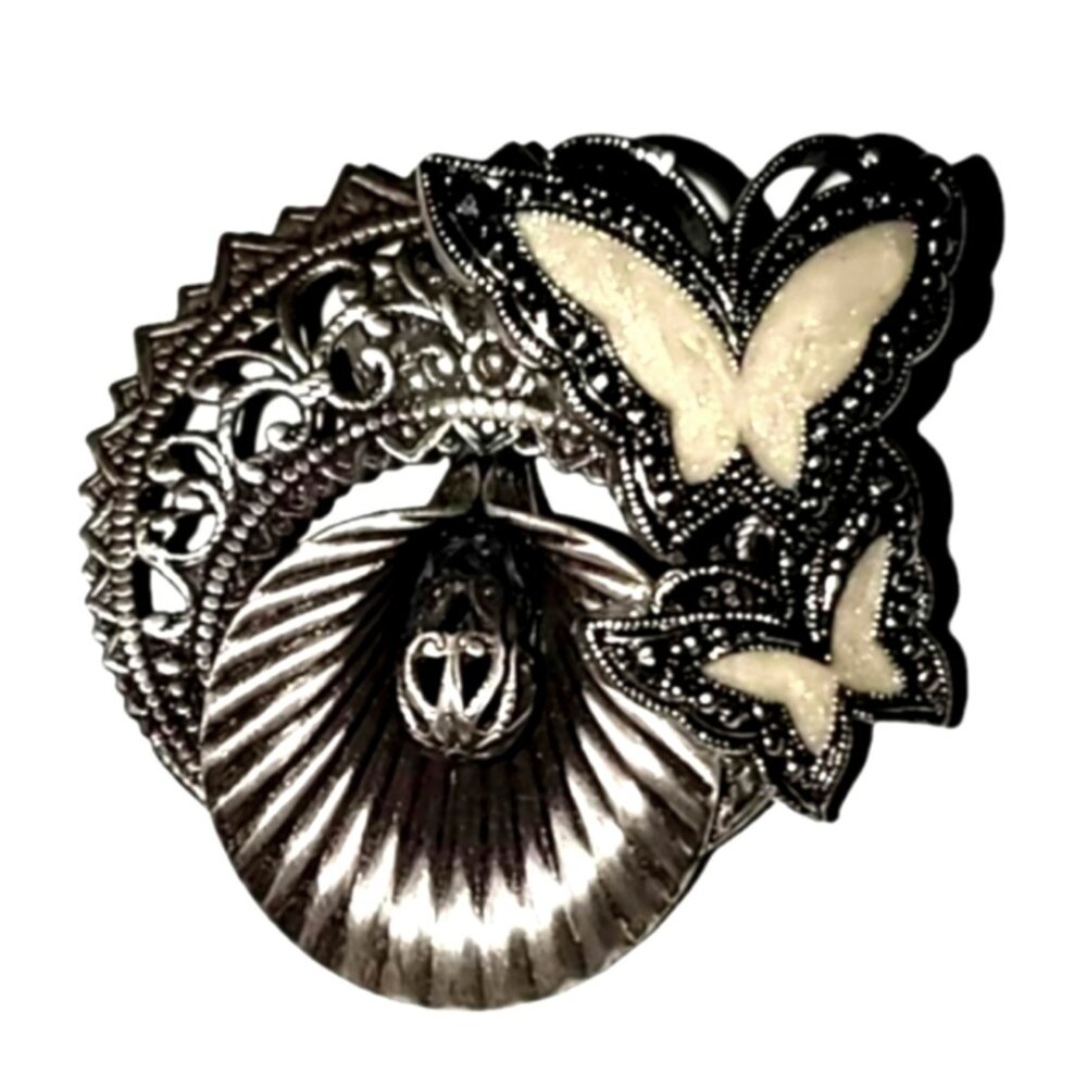 Handmade Upcycled Antique Silver & Creamy White Scarf Clip Easter Lily Butterfly